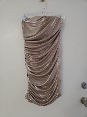 Zara Strapless Ruched Metallic Beige Mini Dress